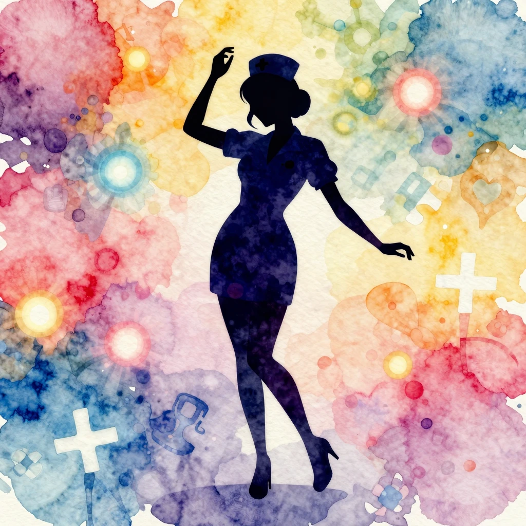 Vibrant watercolor style. Disco nurse silhouette dancing, vi...