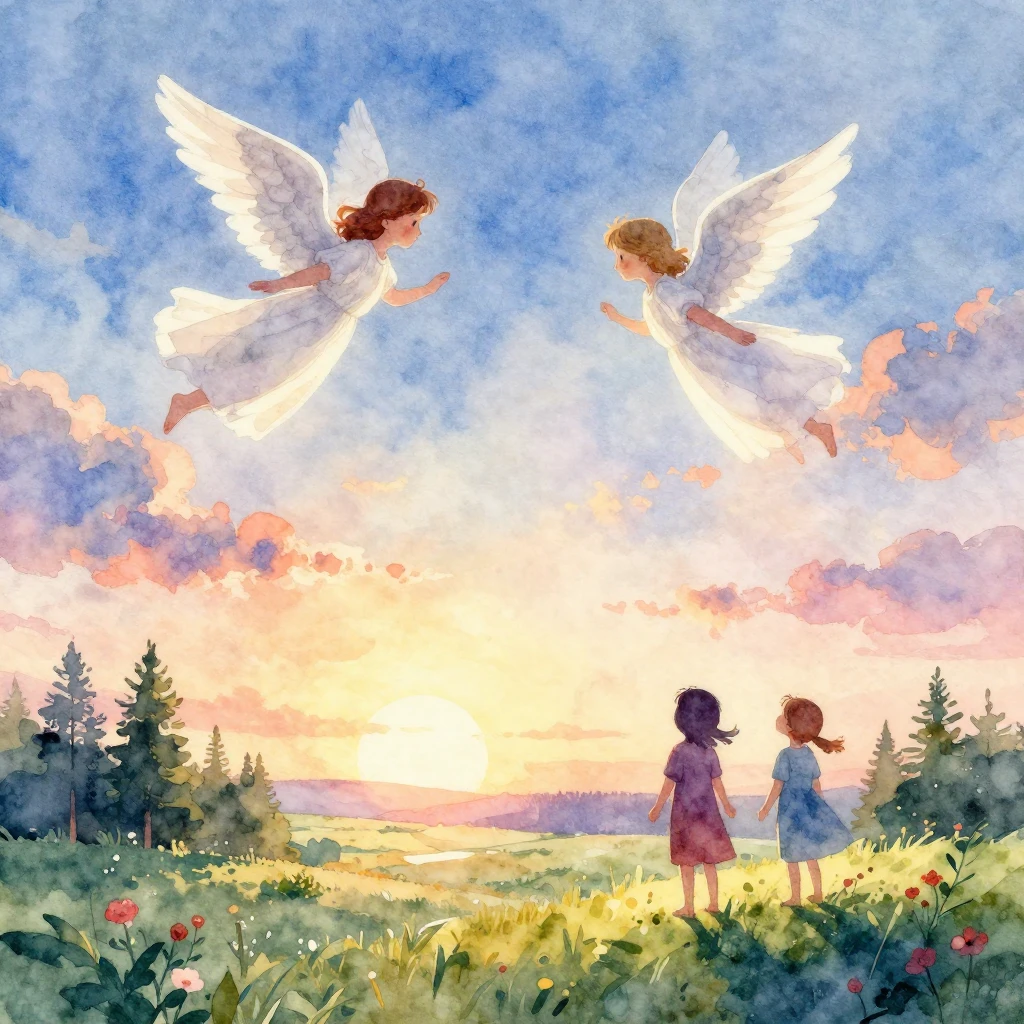 Vibrant watercolor style. Angels flying over a peaceful Russ...
