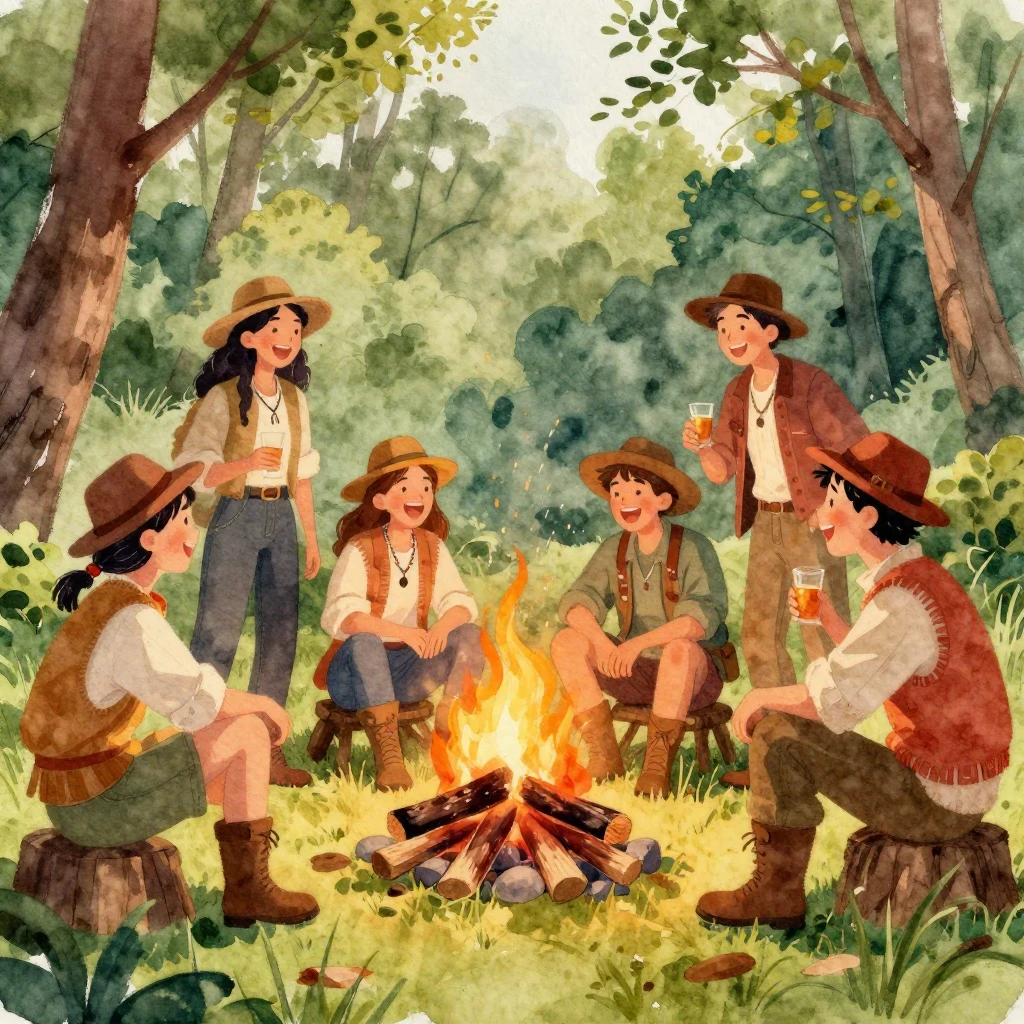 A group of cheerful individuals, dressed in rustic outdoor a...