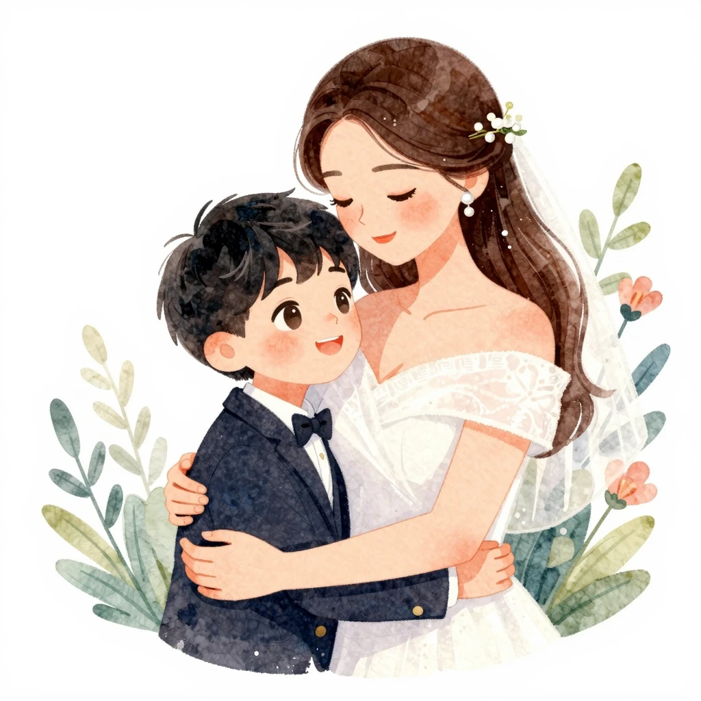 A warm artistic illustration of a mother embracing her son i...