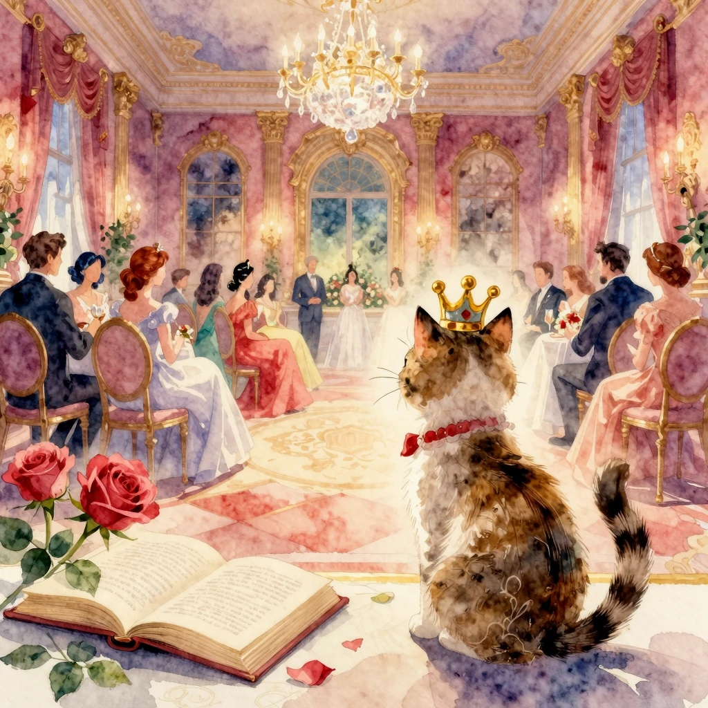 Vibrant watercolor style. A regal cat observing guests in a ...