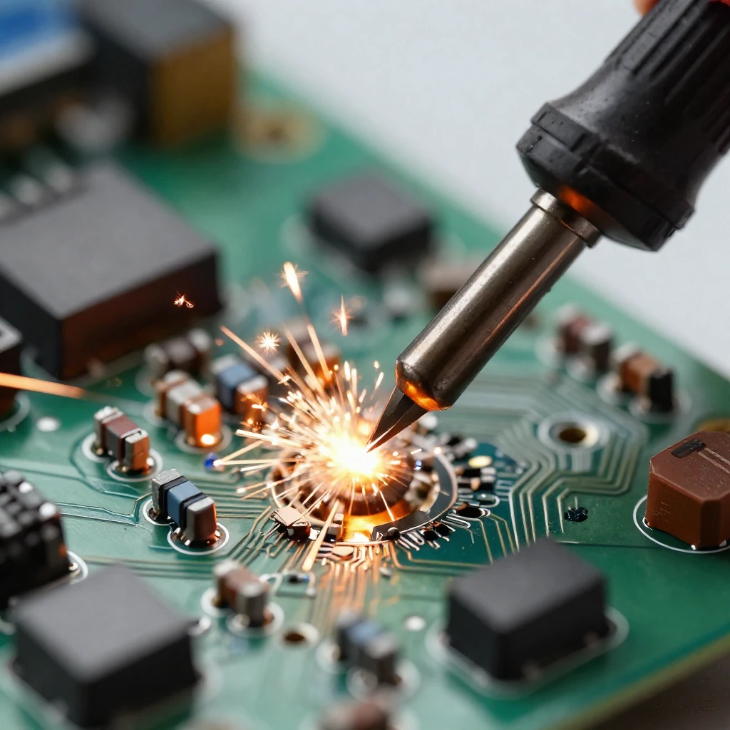 A close-up, dynamic shot of a soldering iron tip glowing, su...