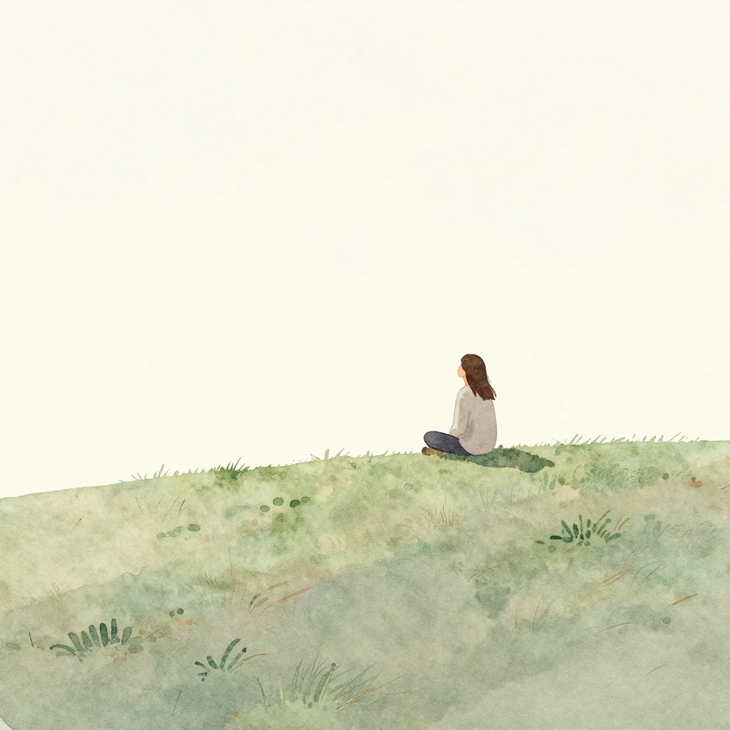 A serene, minimalist landscape with a single, contemplative ...