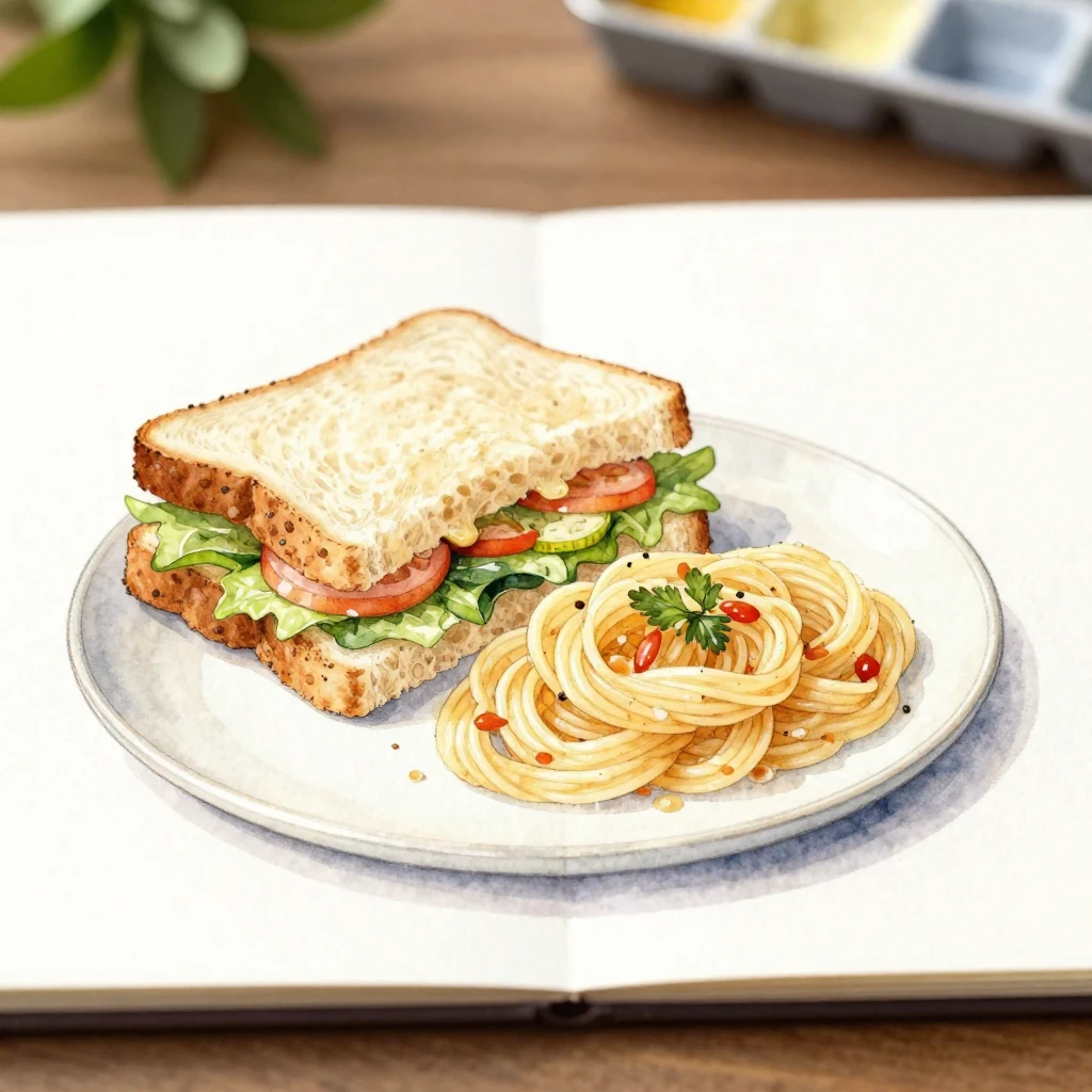 A watercolor painting of a simple, appealing lunch, such as ...