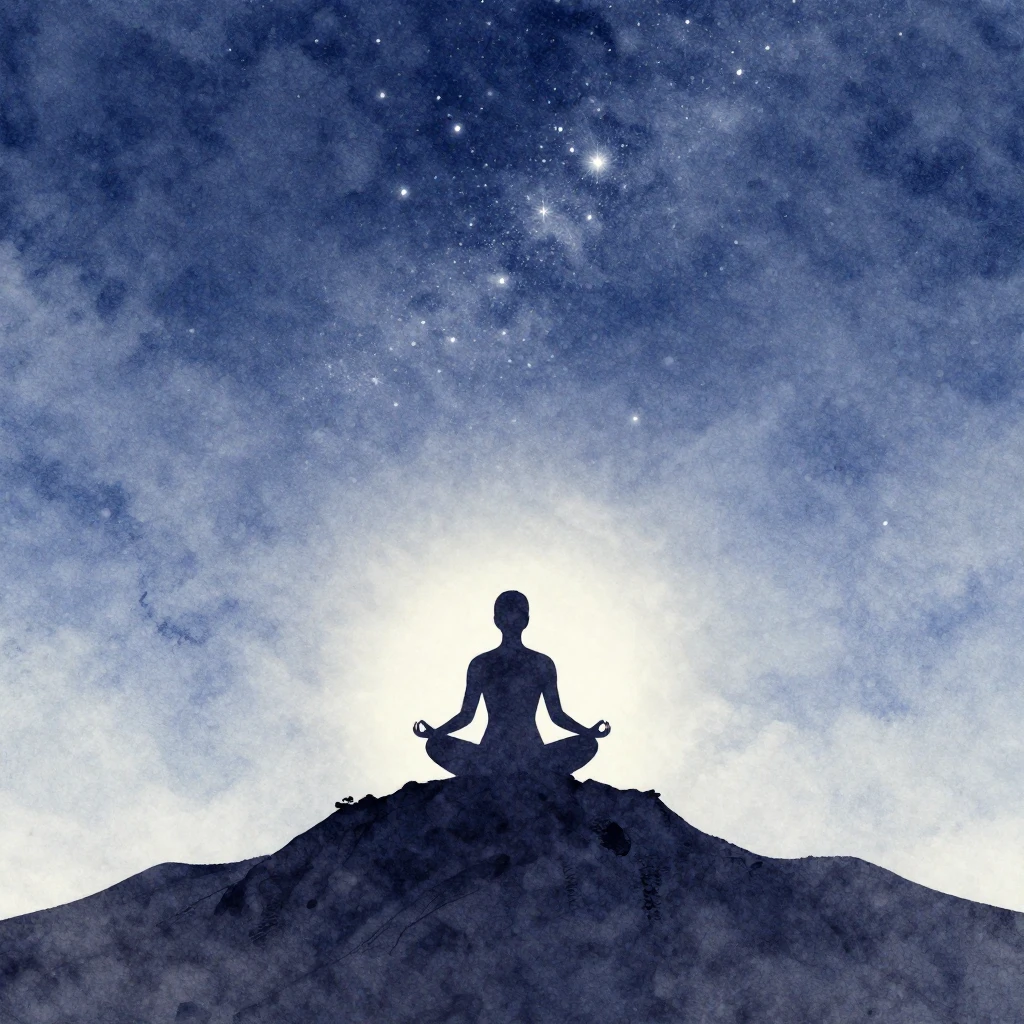 A minimalist watercolor silhouette of a person meditating on...