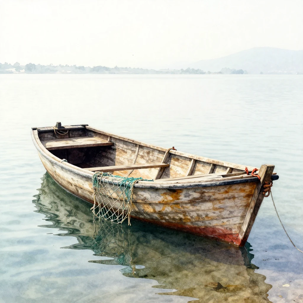 A lone, weathered wooden fishing boat, empty, with an old fi...