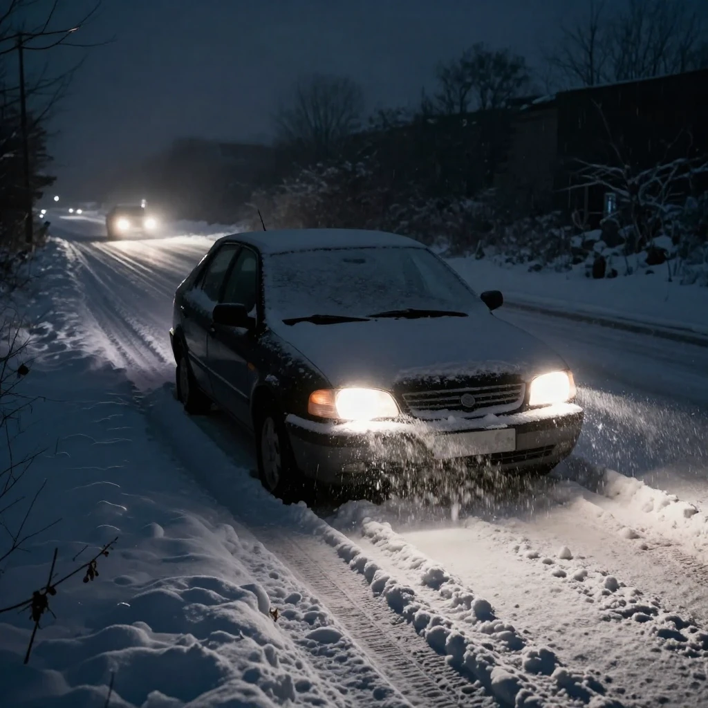 A snow-covered rural road at night, with a car stuck deep in...