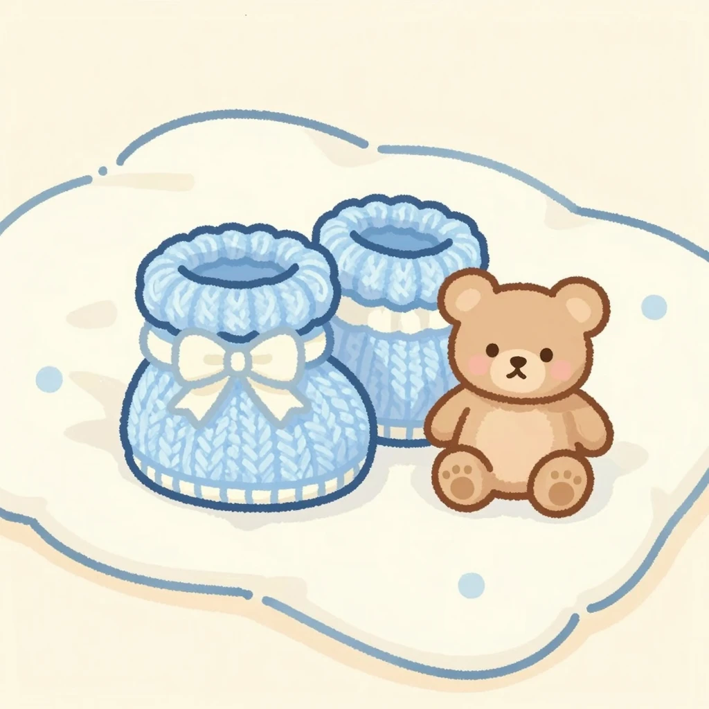 Watercolor style, cute flat art of a tiny knitted baby booti...