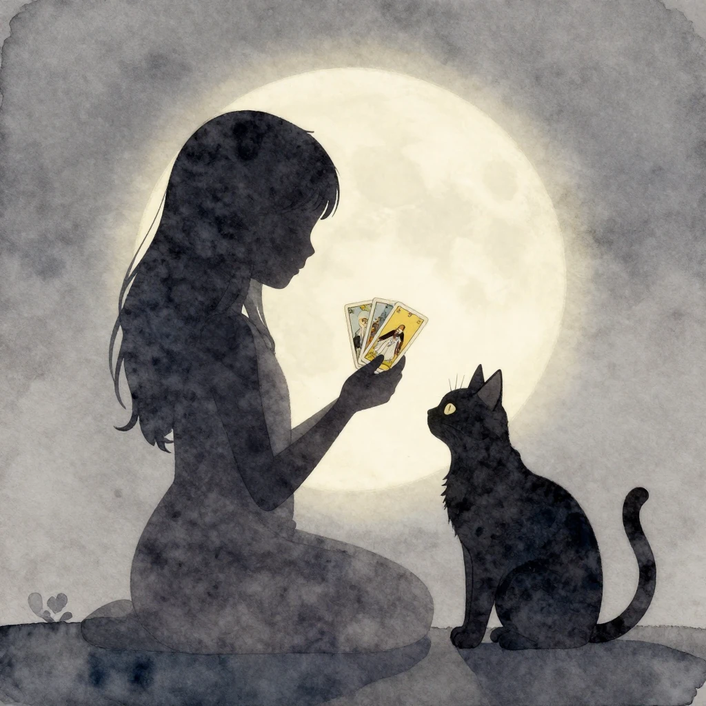 A silhouette of a young girl holding tarot cards, a mystical...