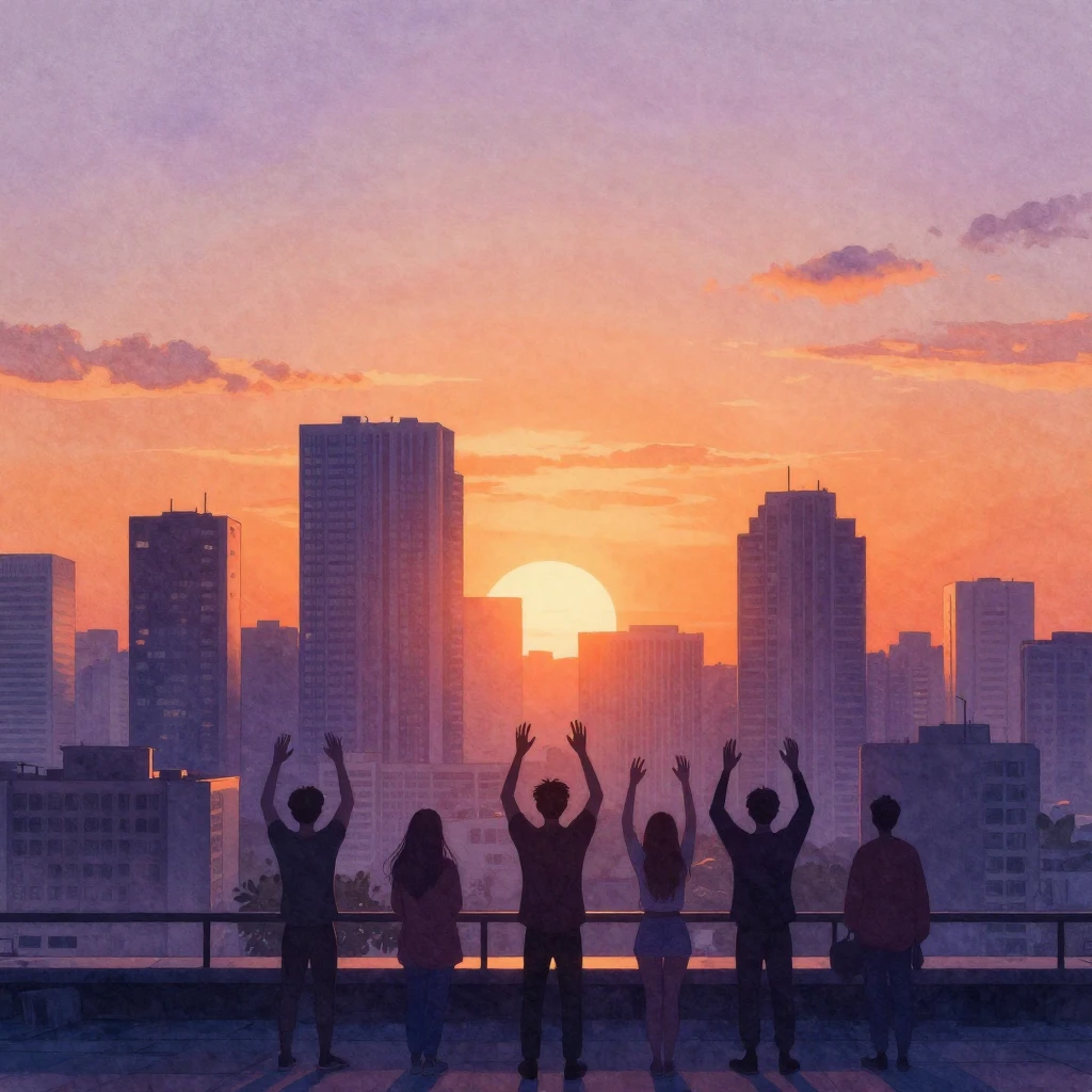 Watercolor style. A vibrant sunrise over a modern city skyli...