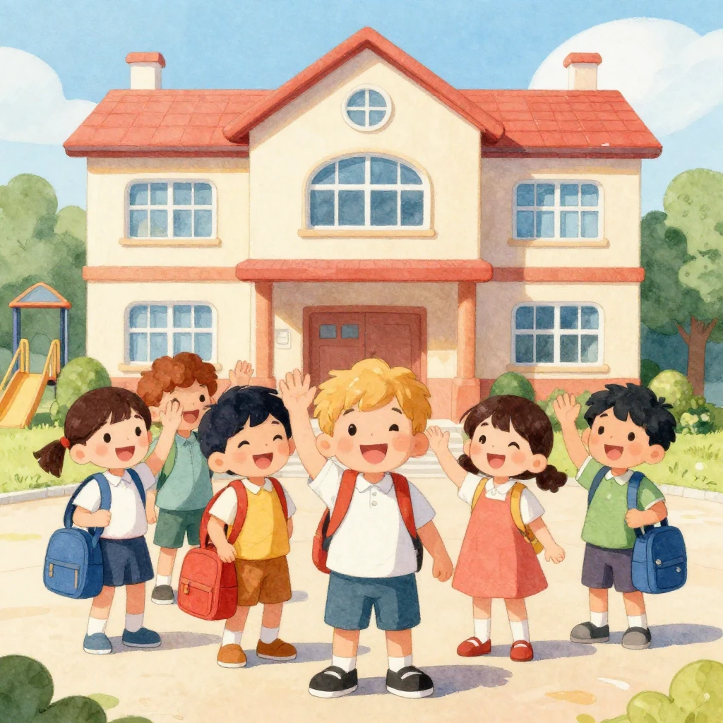 A group of cheerful, diverse children waving goodbye to a pe...