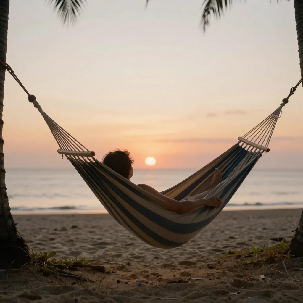 A person relaxing in a hammock on a tranquil beach at sunset...