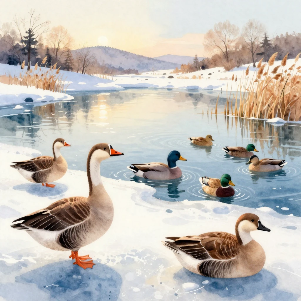 A vibrant watercolor painting showcasing graceful waterfowl ...