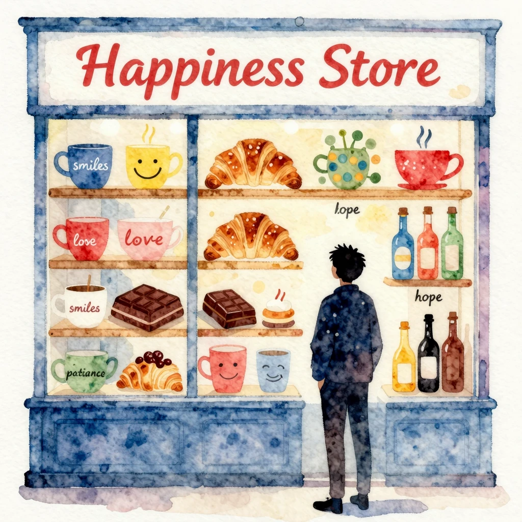 Vibrant watercolor illustration of a whimsical 'Happiness St...