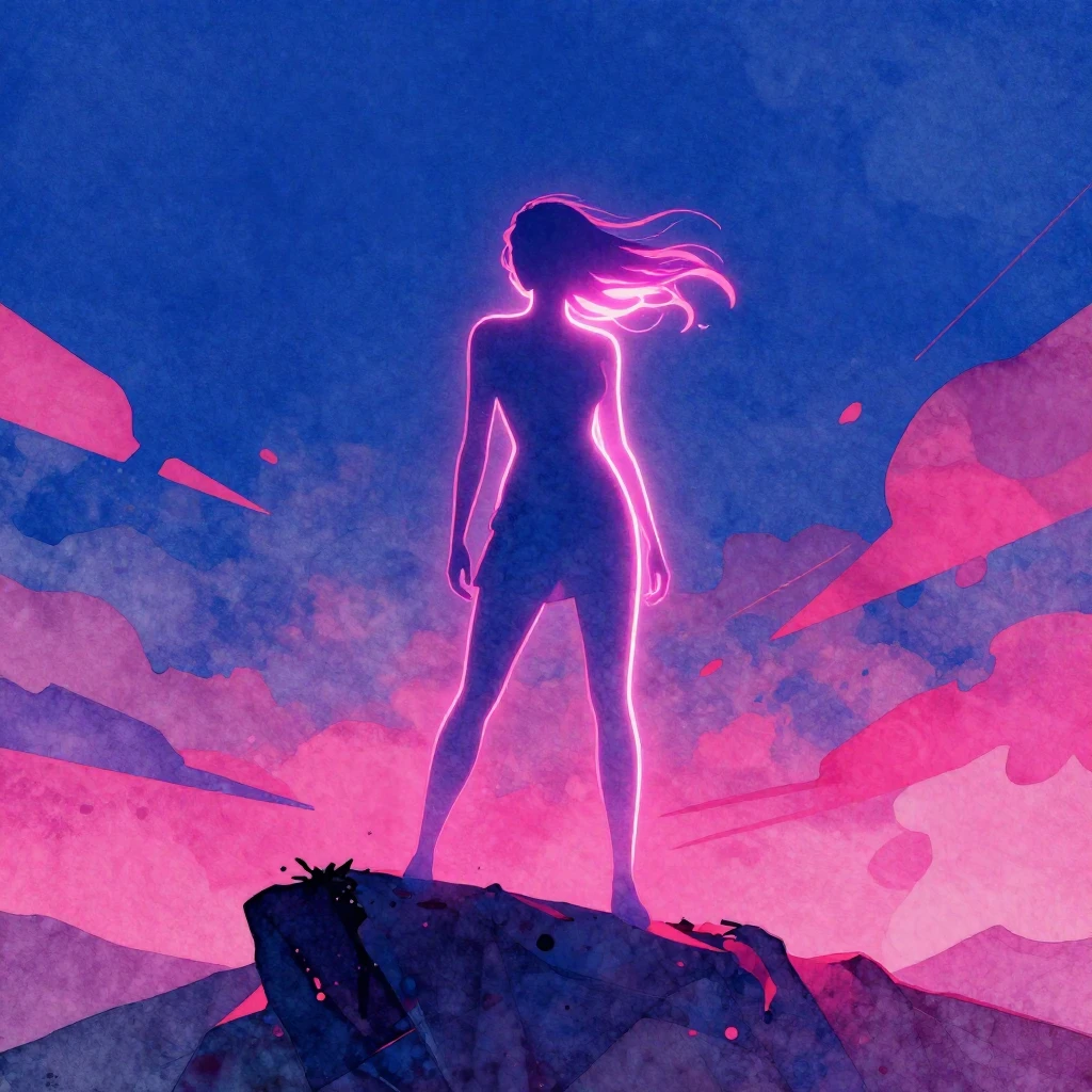 A glowing neon silhouette of a woman standing on a cliff, fe...