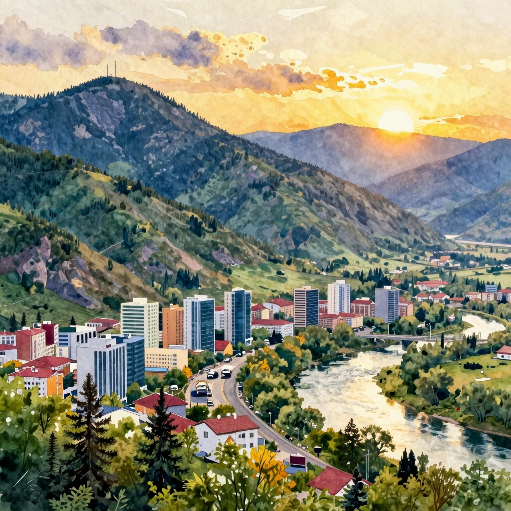 Vibrant watercolor style. Scenic view of Sayanogorsk, a mode...