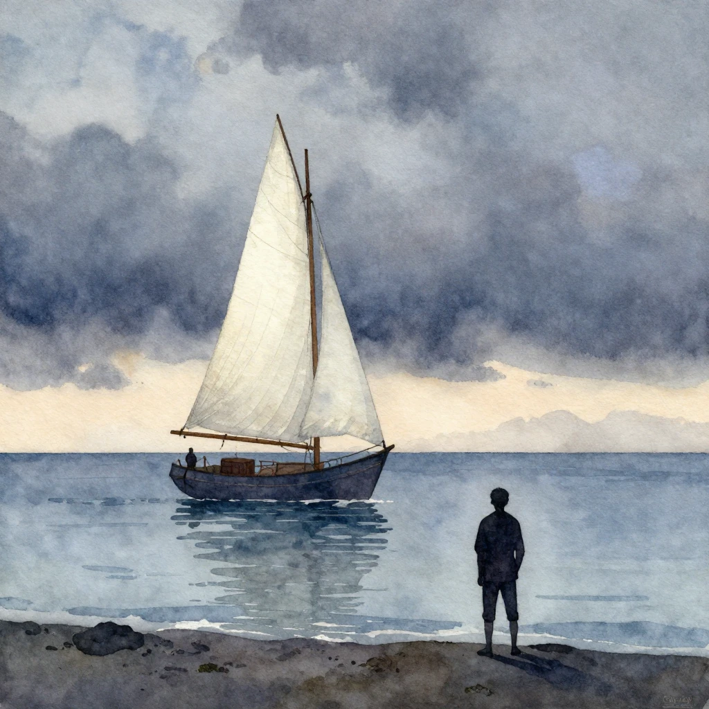 A watercolor painting depicting a lone white sail, like a gh...