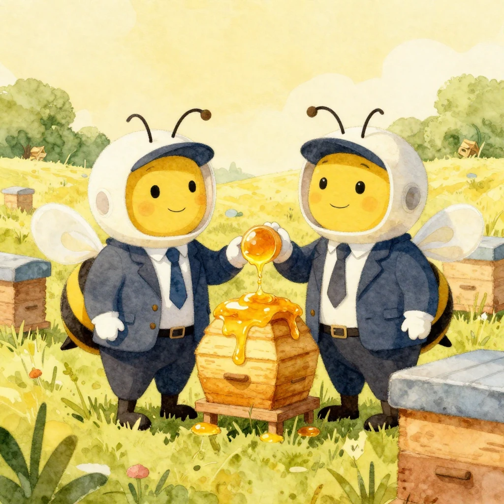Watercolor painting of two stylized cartoon beekeepers in su...
