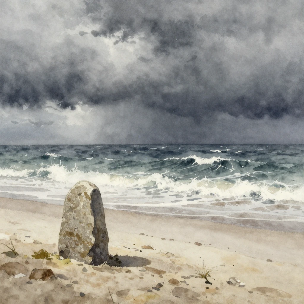 A serene yet somber watercolor painting of a desolate shore,...