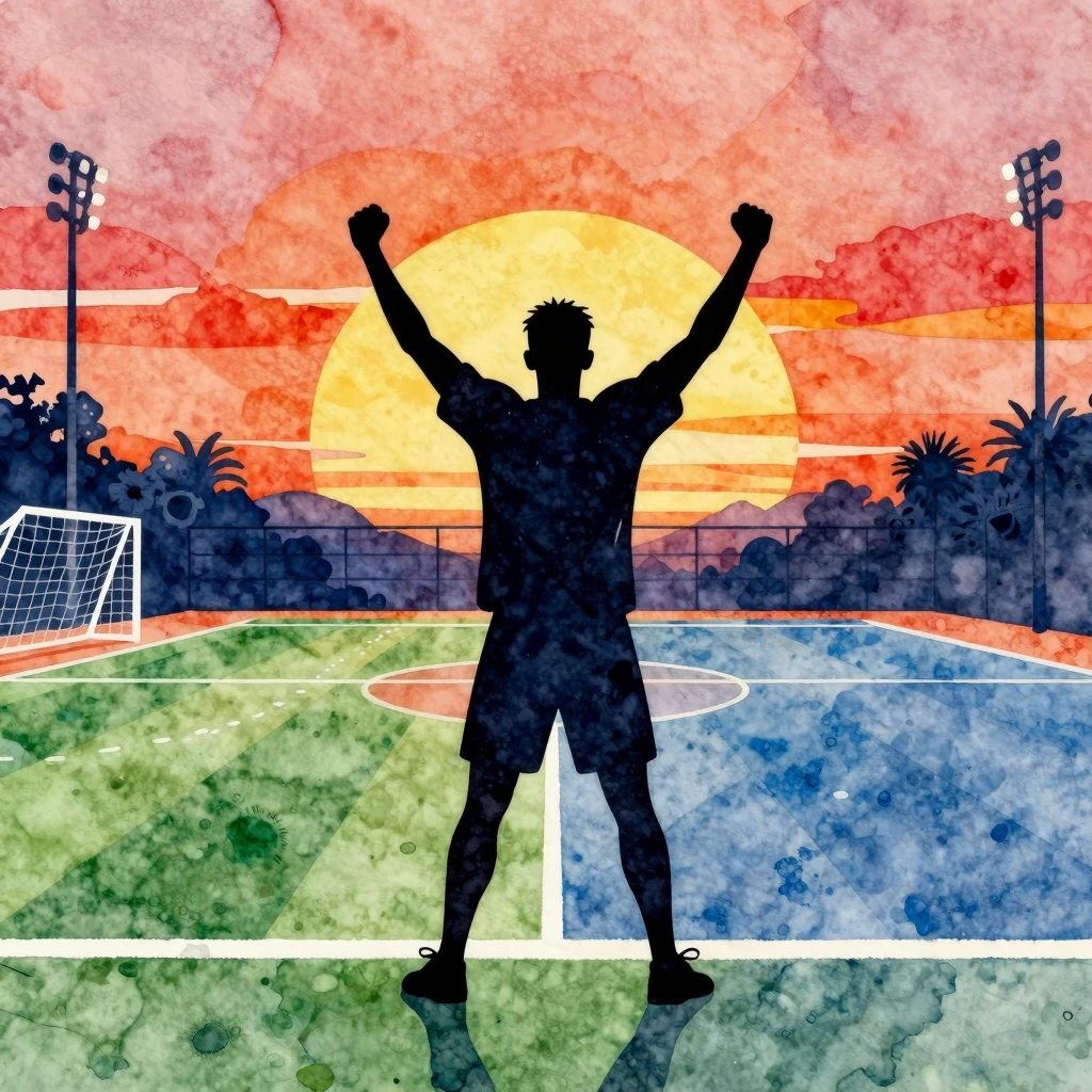 Watercolor style. A silhouette of a triumphant sports leader...