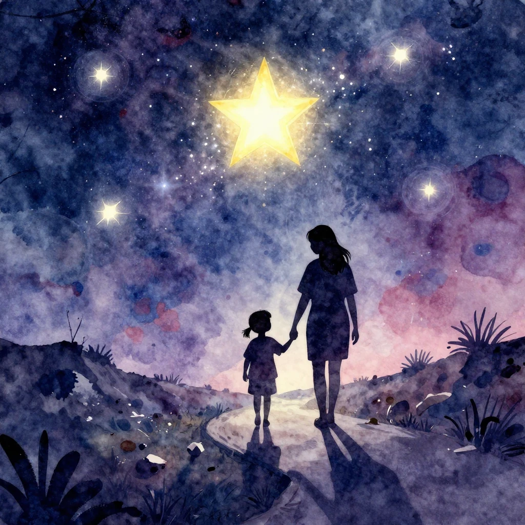 A vibrant watercolor illustration of a cosmic landscape. Sil...