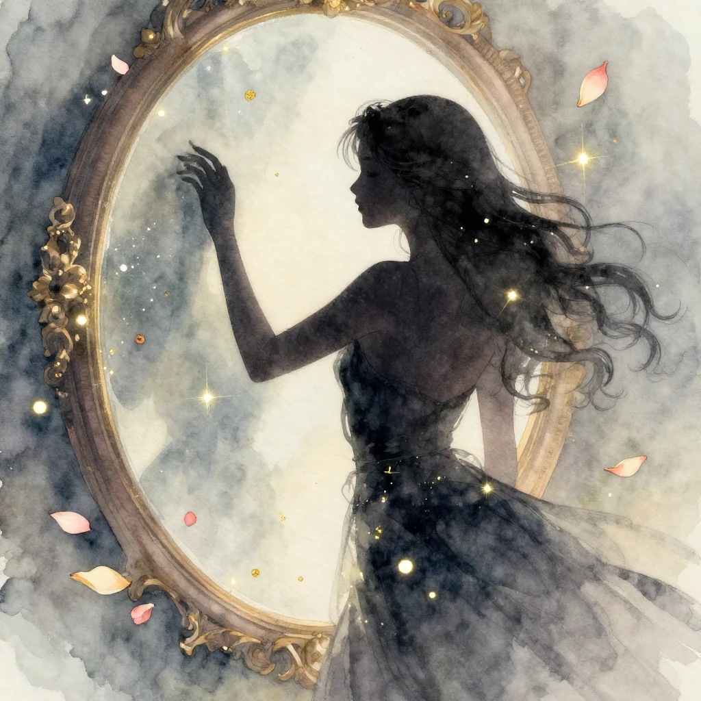 A silhouette of a graceful woman reflected in a magical mirr...