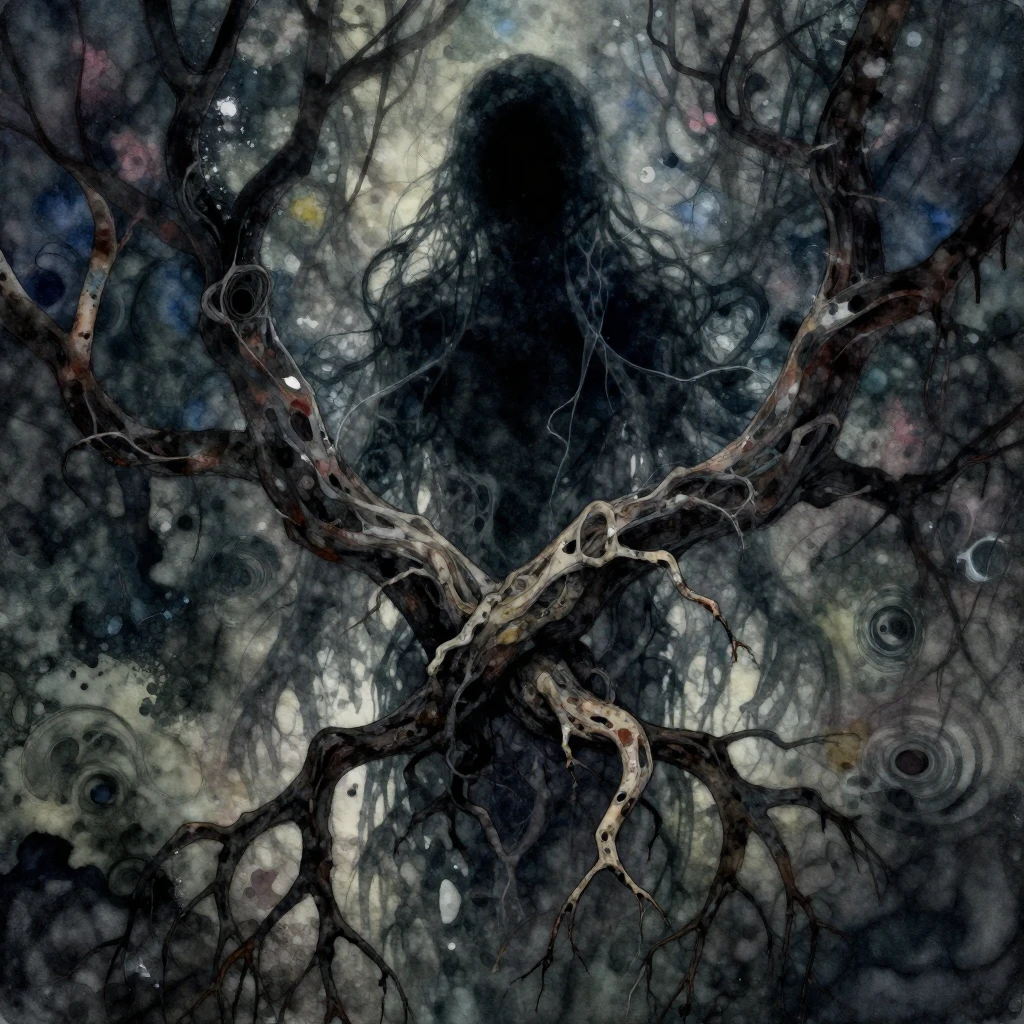 A dark, abstract scene with an ominous, invisible spirit, tr...