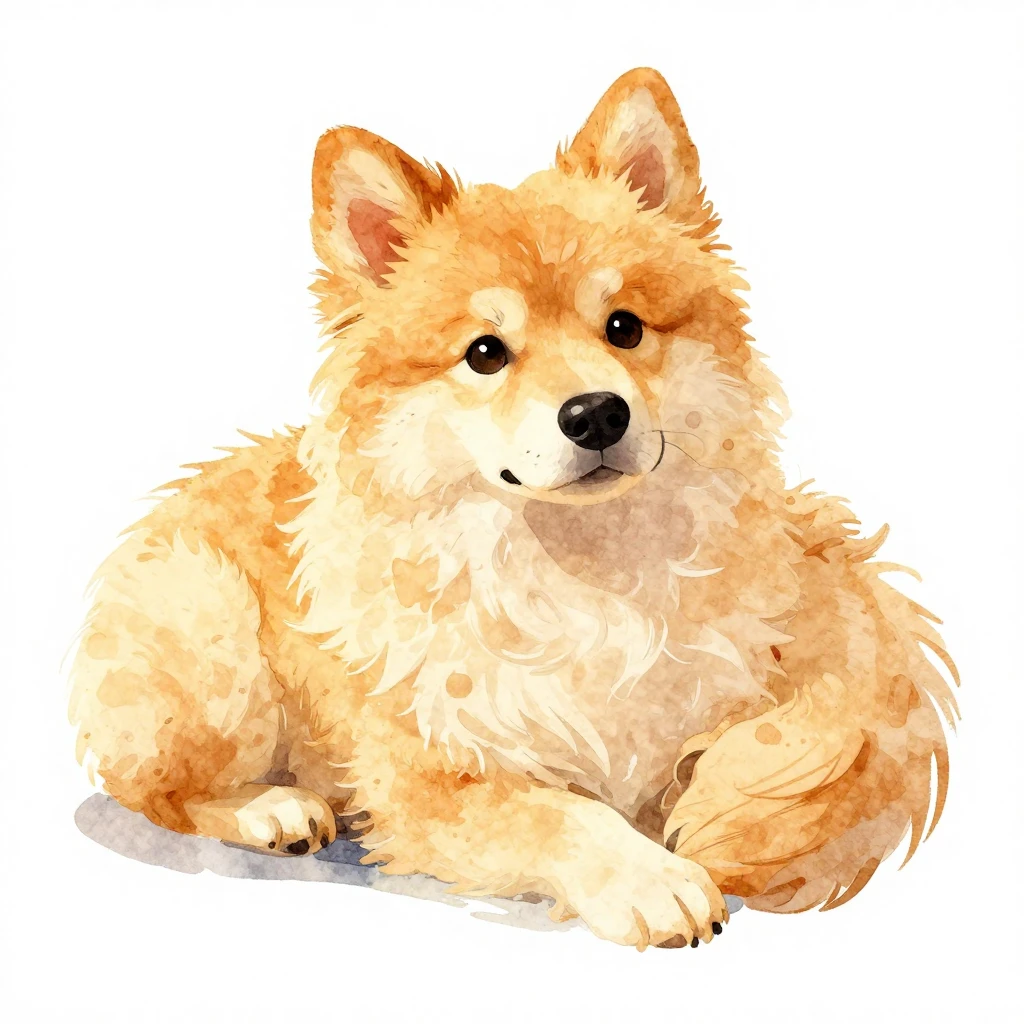 A vibrant watercolor illustration of a fluffy dog, perhaps c...