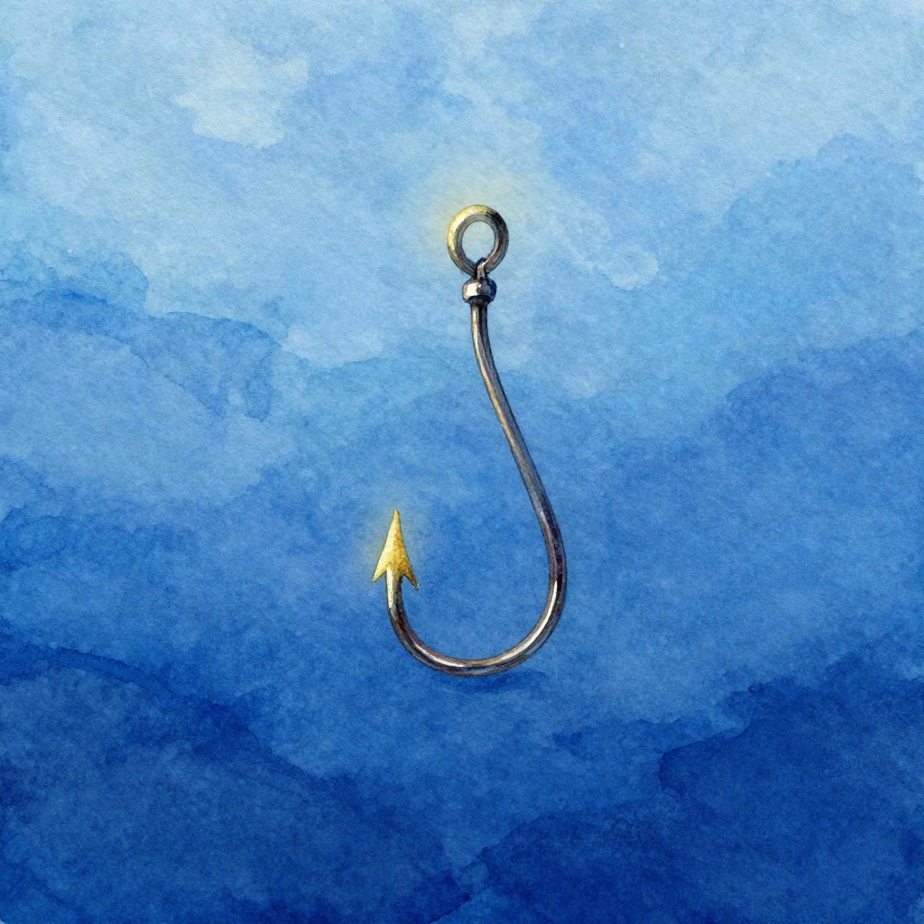 A lonely fishing hook in the deep blue ocean, with a subtle ...