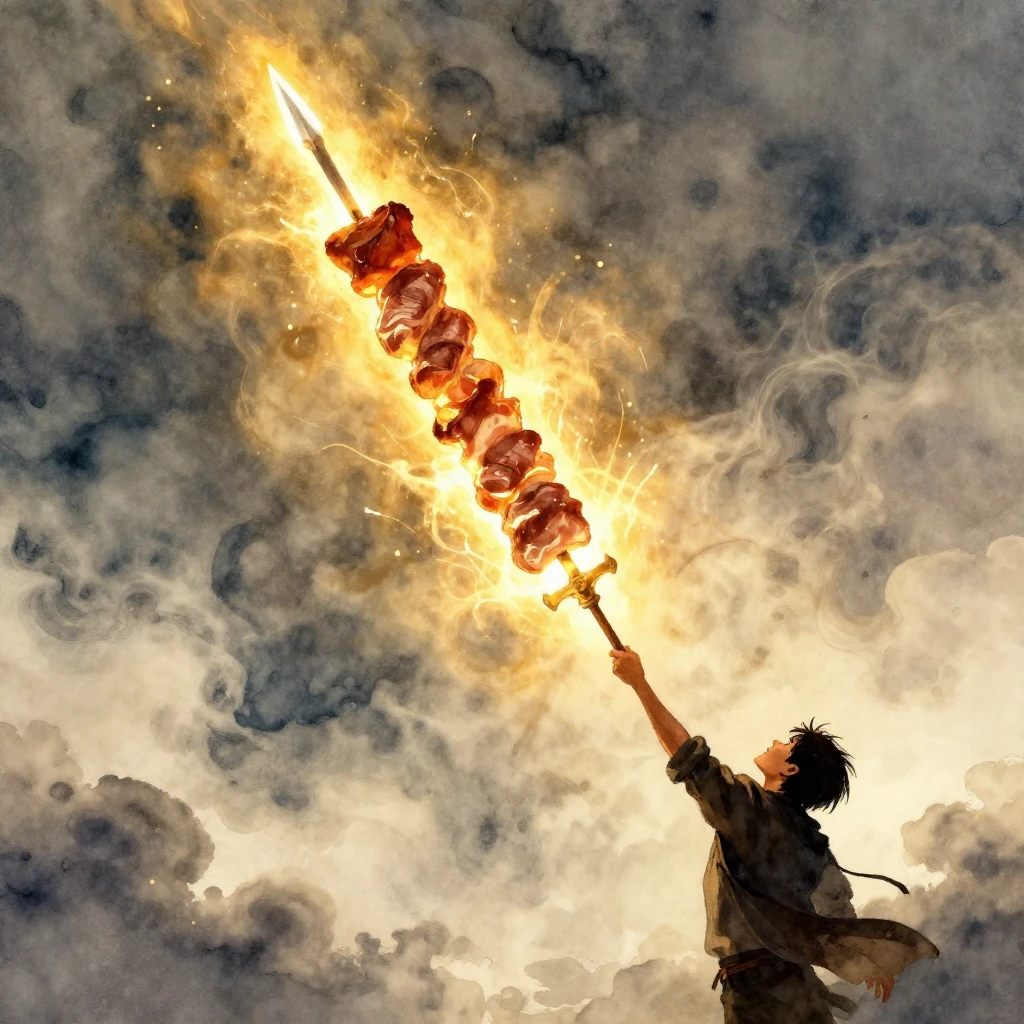 A majestic glowing skewer of meat floating in the sky like a...