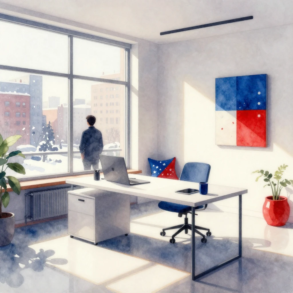 A vibrant watercolor painting of a modern office interior. S...