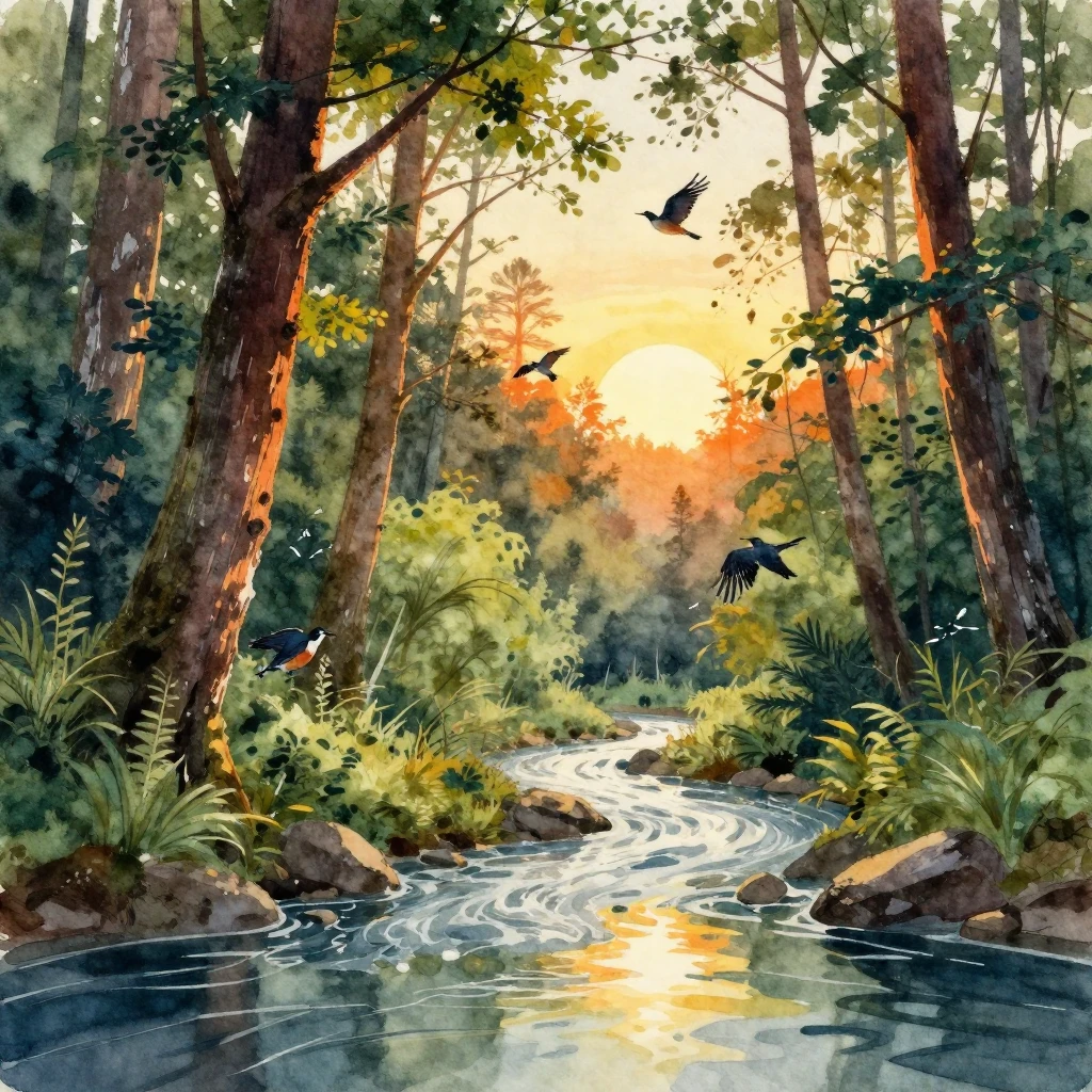 A vibrant watercolor painting depicting an energetic sunrise...