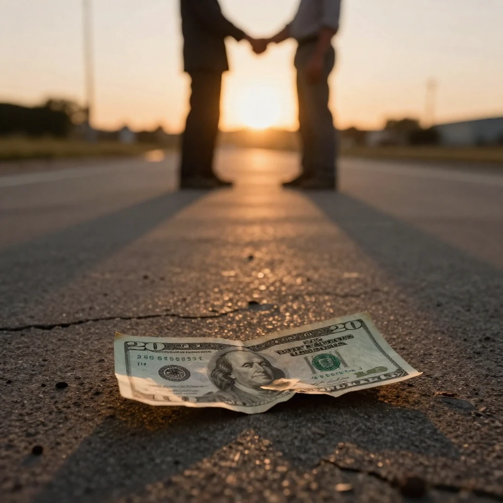 A crumpled twenty dollar bill lies abandoned on dusty, crack...