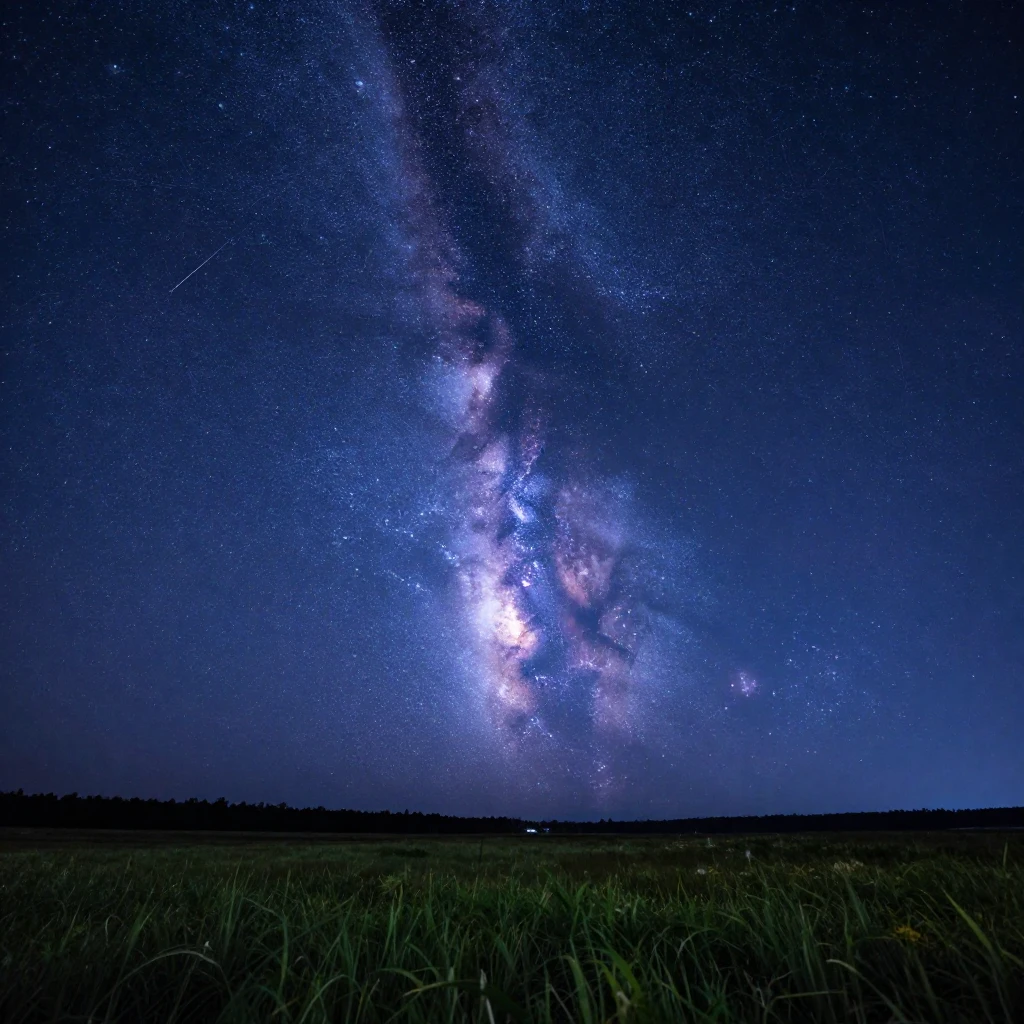 A vibrant meteor shower streaking across a deep indigo night...