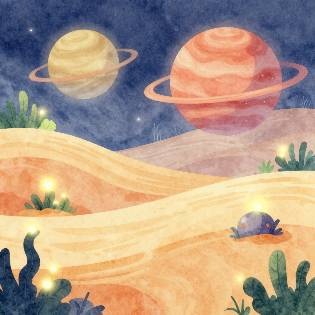 A vibrant, peaceful alien planet in watercolor style, with w...