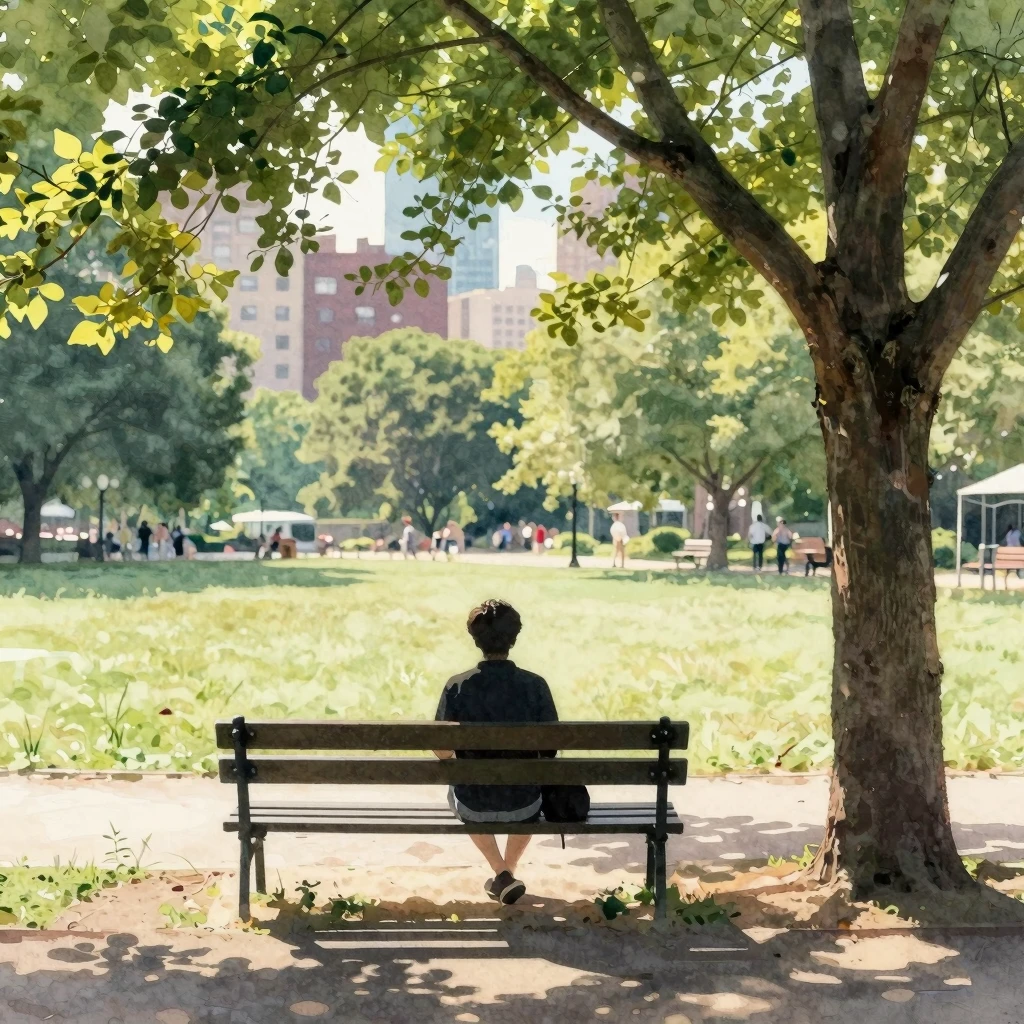 A lonely figure's silhouette on a park bench under a tree's ...