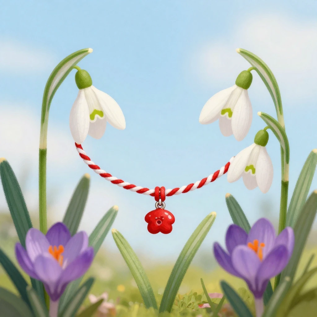 A whimsical illustration of a mărțișor (red and white string...