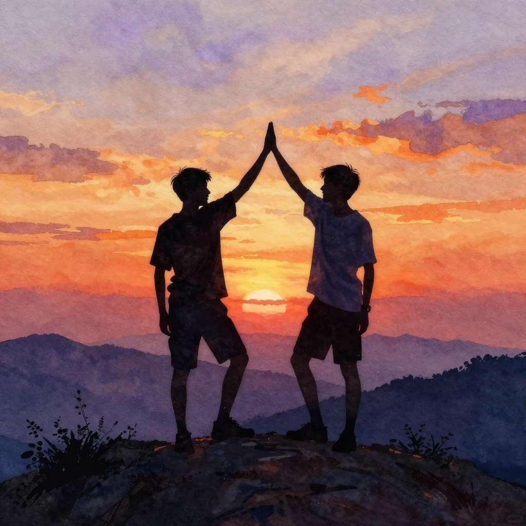 Watercolor painting of two brother silhouettes high-fiving o...