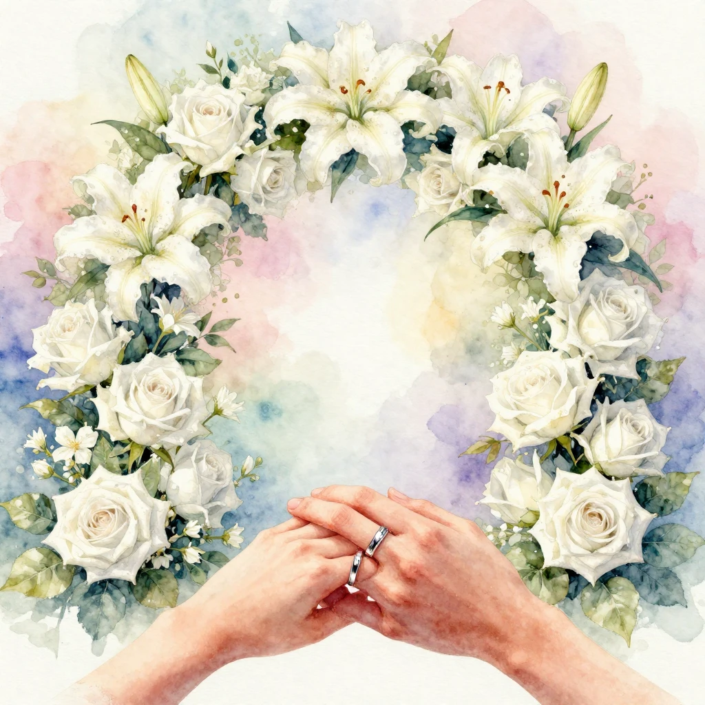 A soft watercolor painting depicting a beautiful floral arch...