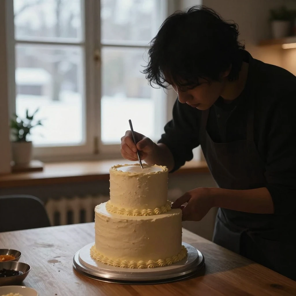 A silhouette of a person meticulously decorating a large, el...