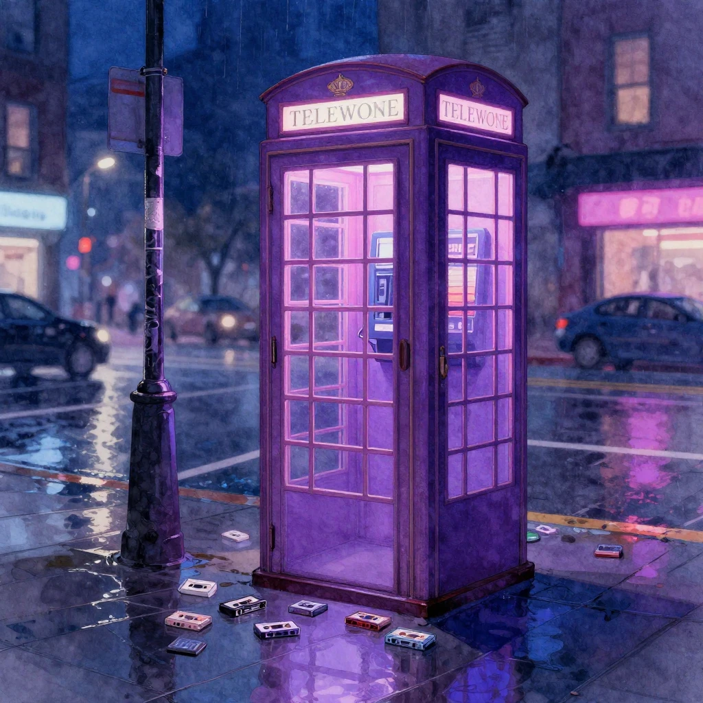 A retro 90s aesthetic scene on a rainy city street at night,...