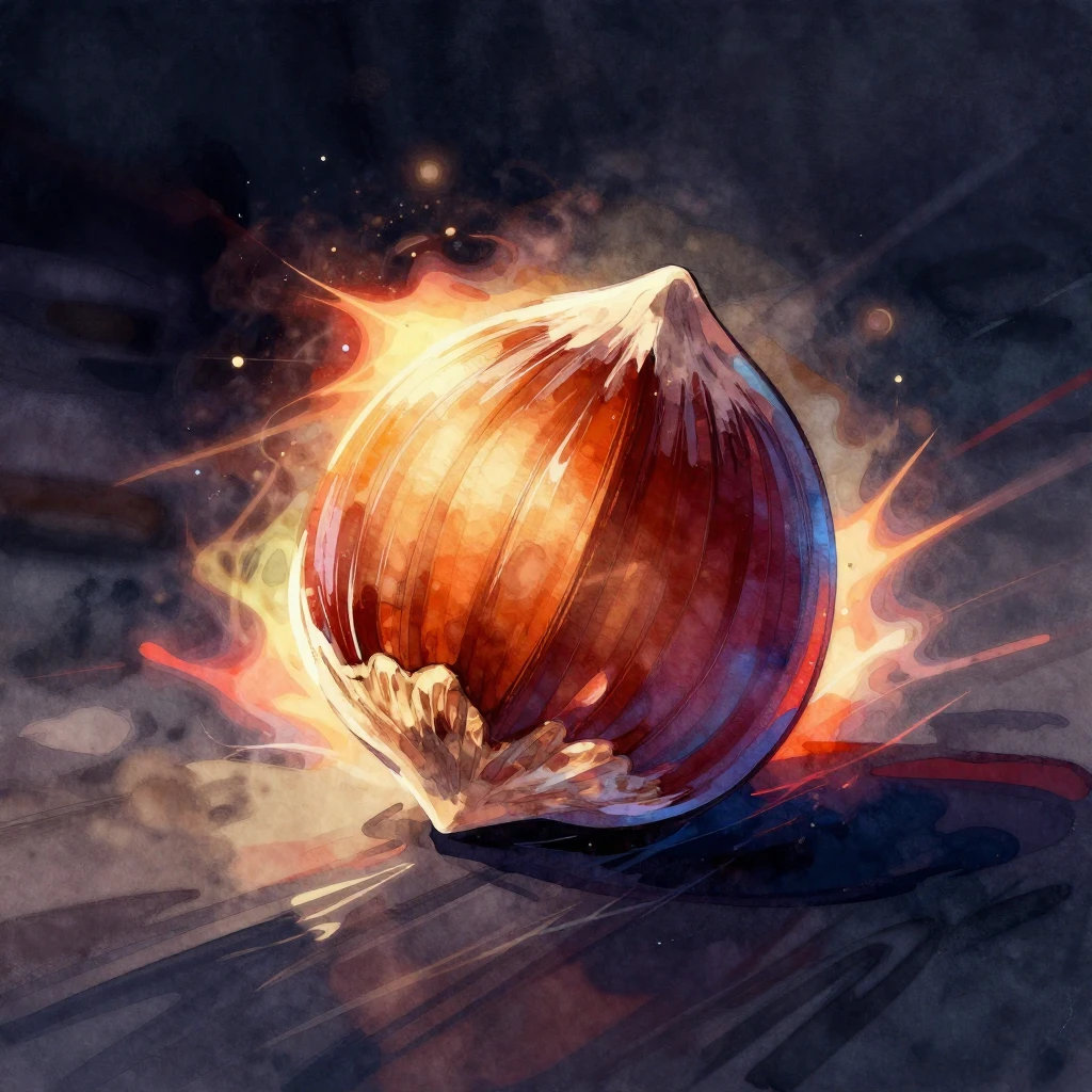 A stylized, powerful hazelnut with a metallic sheen, emittin...