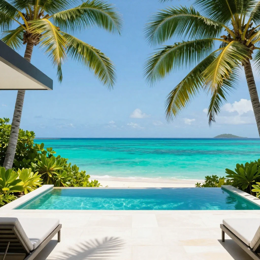 A wide, artistic depiction of a vibrant tropical paradise wi...