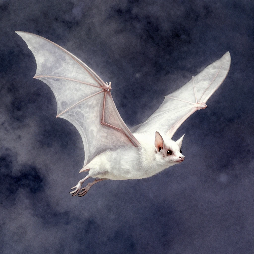 A pure white albino bat with a white nose, flying gracefully...
