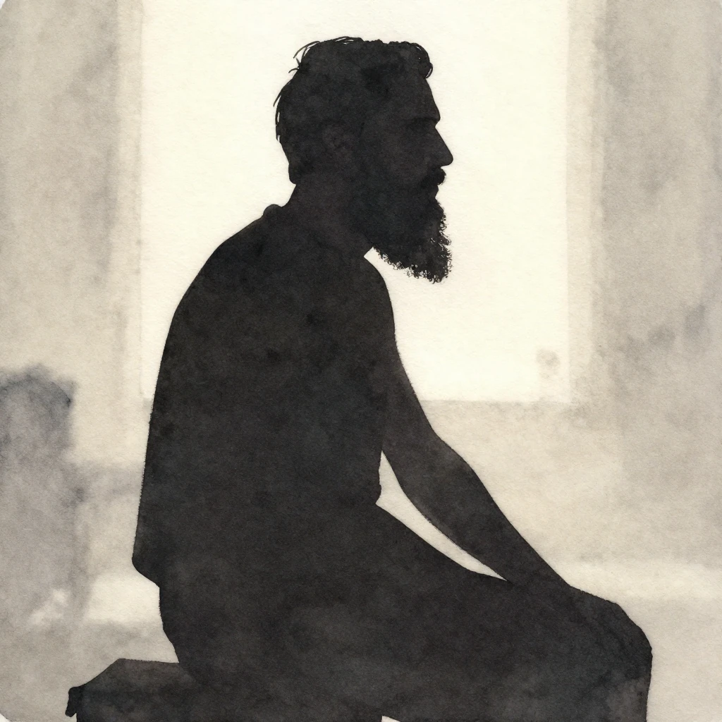 A strong silhouette of a man with a long beard, standing or ...