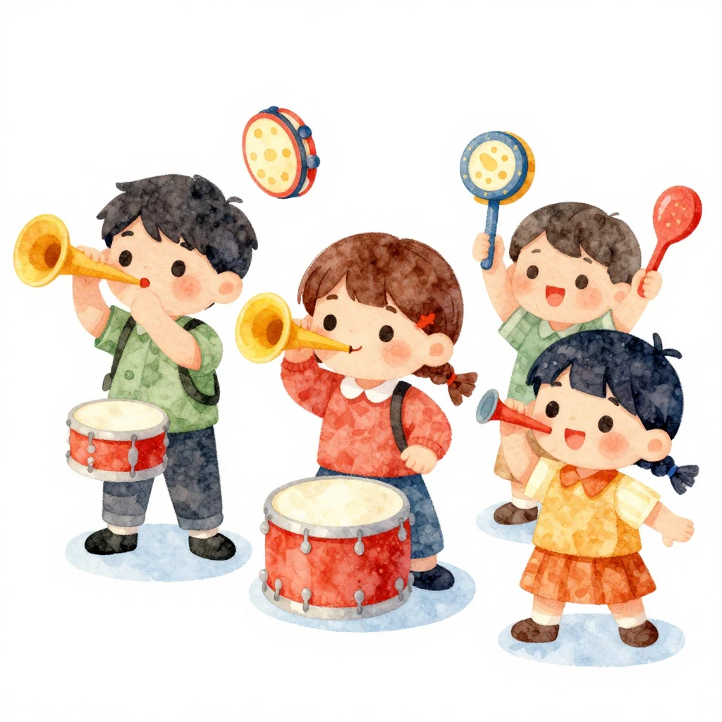 Vibrant watercolor style. Cute cartoon children playing toy ...