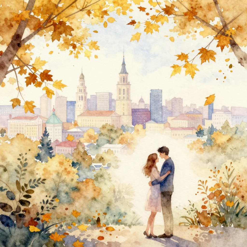 A watercolor painting depicting a romantic autumn scene with...
