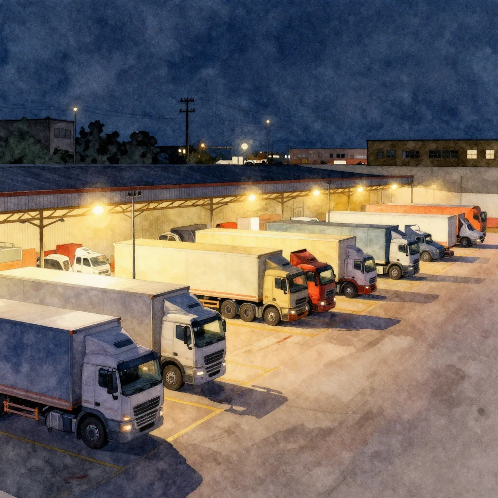 A watercolor illustration of a bustling truck depot at night...