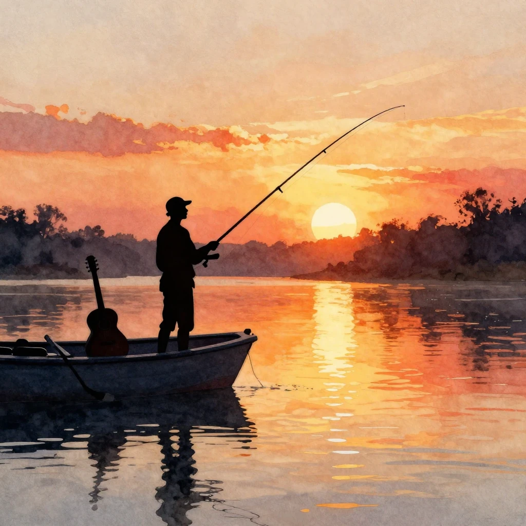 Vibrant watercolor style. Silhouette of a man fishing from a...