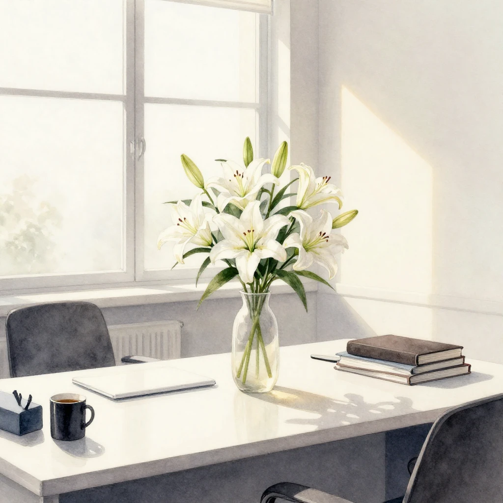 Watercolor painting of an elegant office desk, minimalist st...